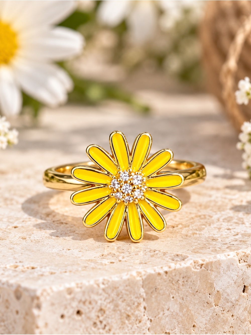 🌼 Gold Tone Spinning Fidget Yellow Daisy Flower Ring | Crystal Center